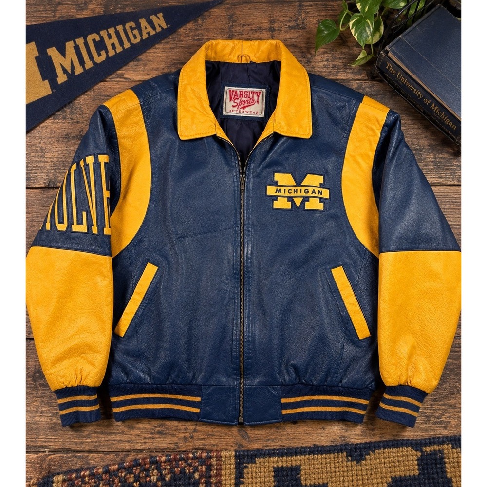 Vintage Michigan Wolverines Varsity Sports Leather Jacket Navy Maize Men's